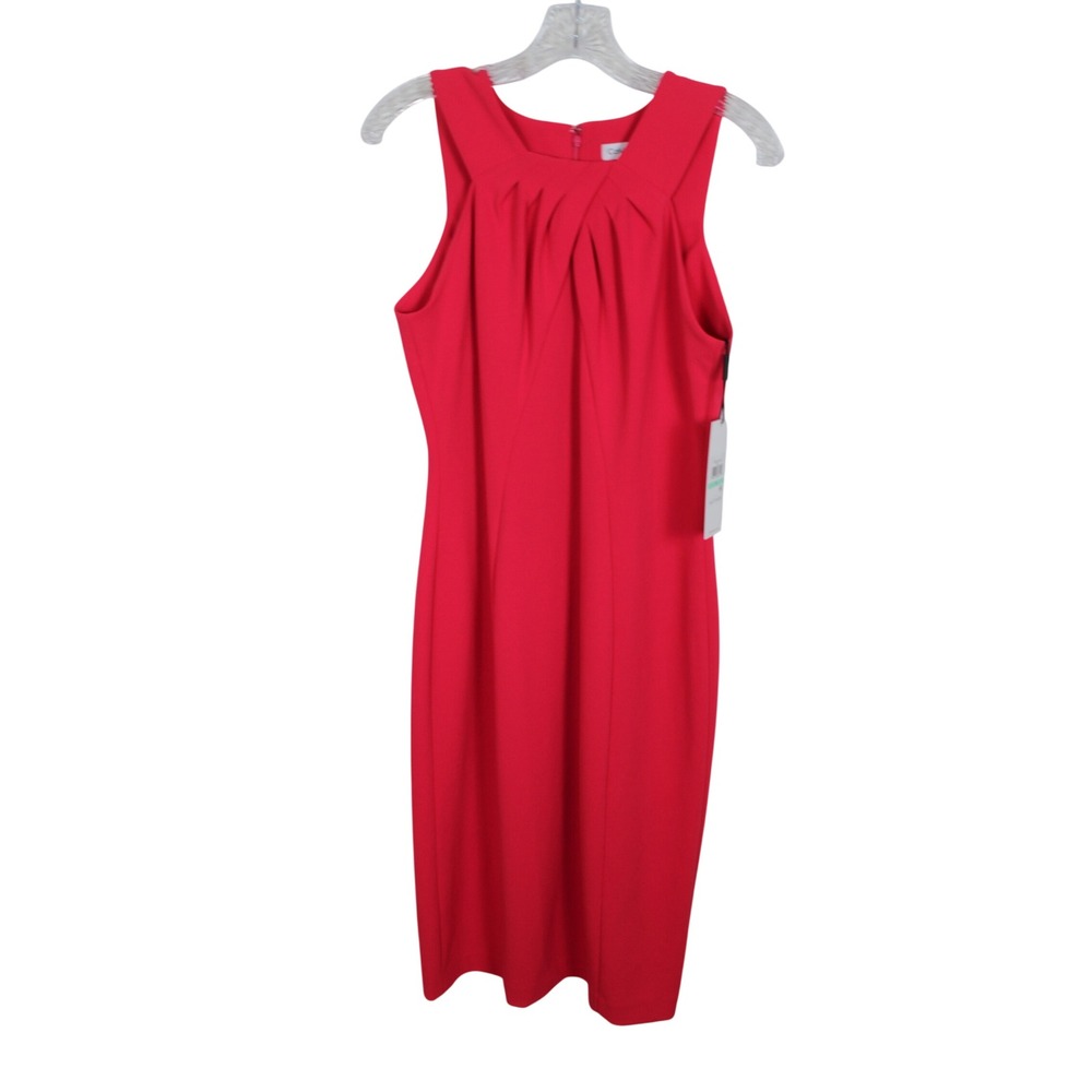 Calvin Klein Red Pleated High Neck Sleeveless Sheath Dress CD3C1M2U Size 8